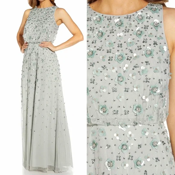 Adrianna Papell | Dresses | Adriannapapellfrosted Sage Mint Greensize  8beaded Halter Blouson Gown | Poshmark